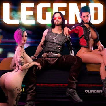 Legend product tier image for the Cyberpunk 2077 porn parody cosplay site showing young Rogue and Judy Alvarez with her boobs and booties completely visible